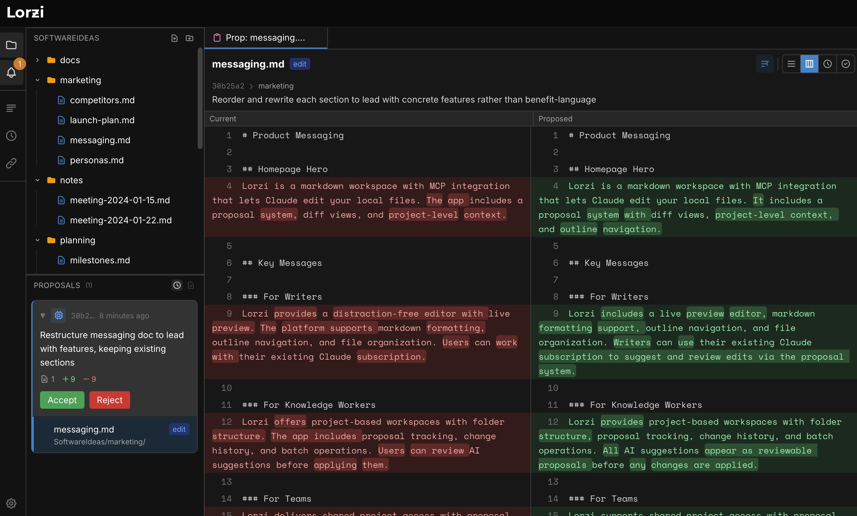 Screenshot: Lorzi diff view with green and red highlights showing changes